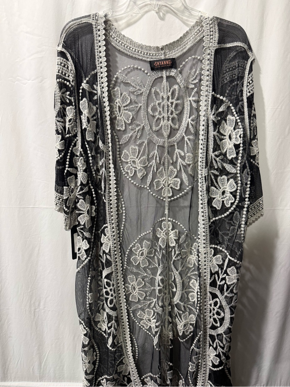 Shyanne Black Mesh Kimono with White Floral Embroidery